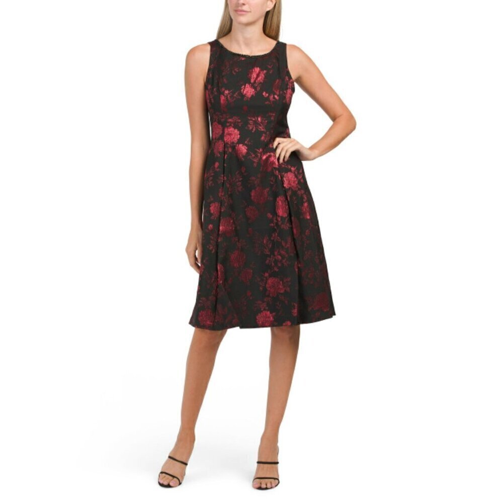 NWT Adrianna Papell Faux Pearl Trim Metallic Floral Print Jacquard Fit & Flare M